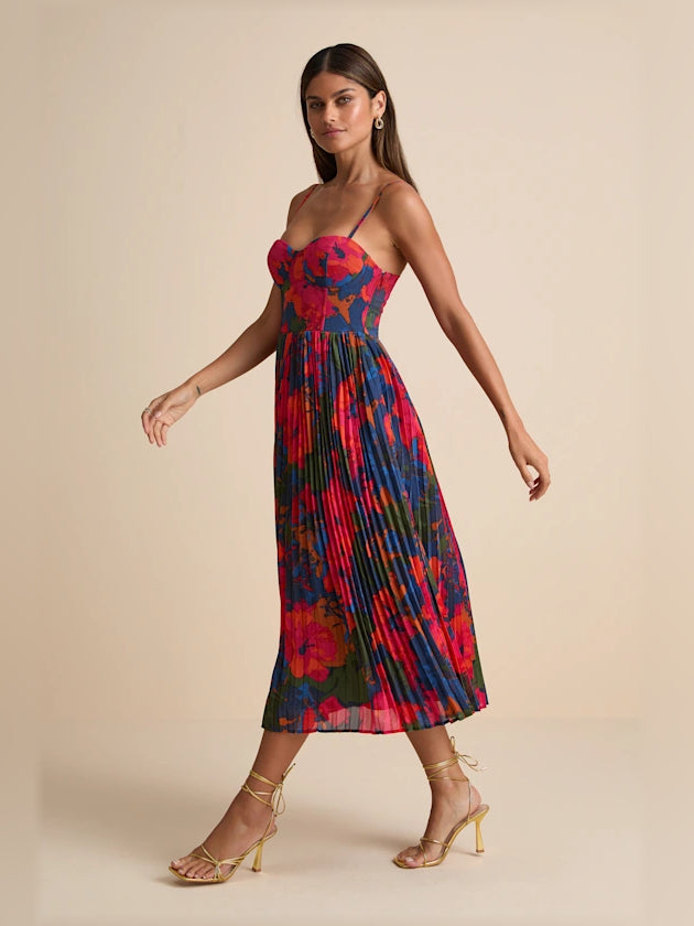 Dark Blue Floral midi formal dress with floral print, alternate view