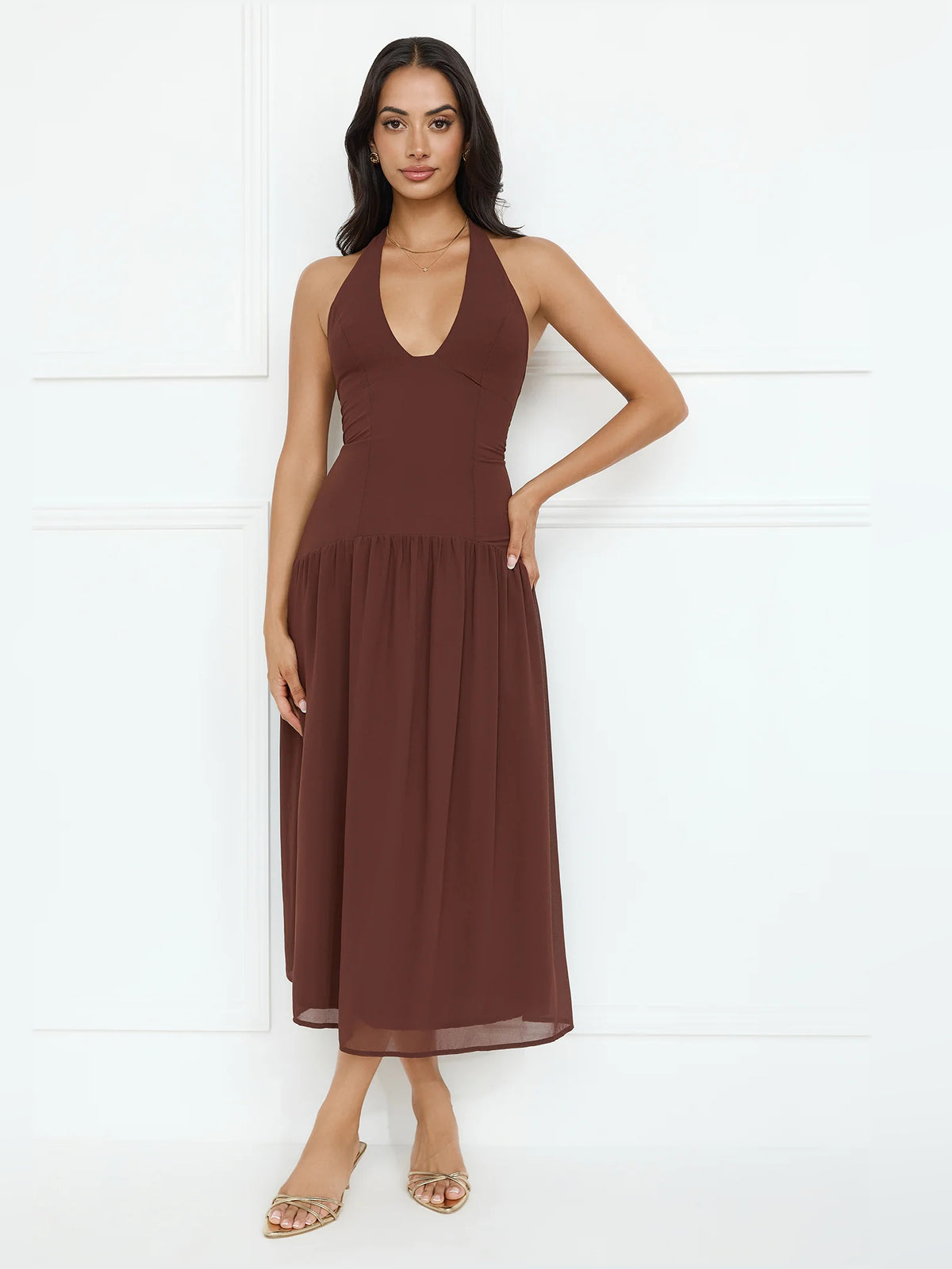 Brown midi formal dress with halter neckline, alternate view showing the bodice
