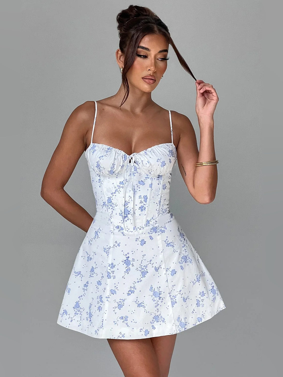Print mini homecoming dress, alternate view showing the dress shape and hem