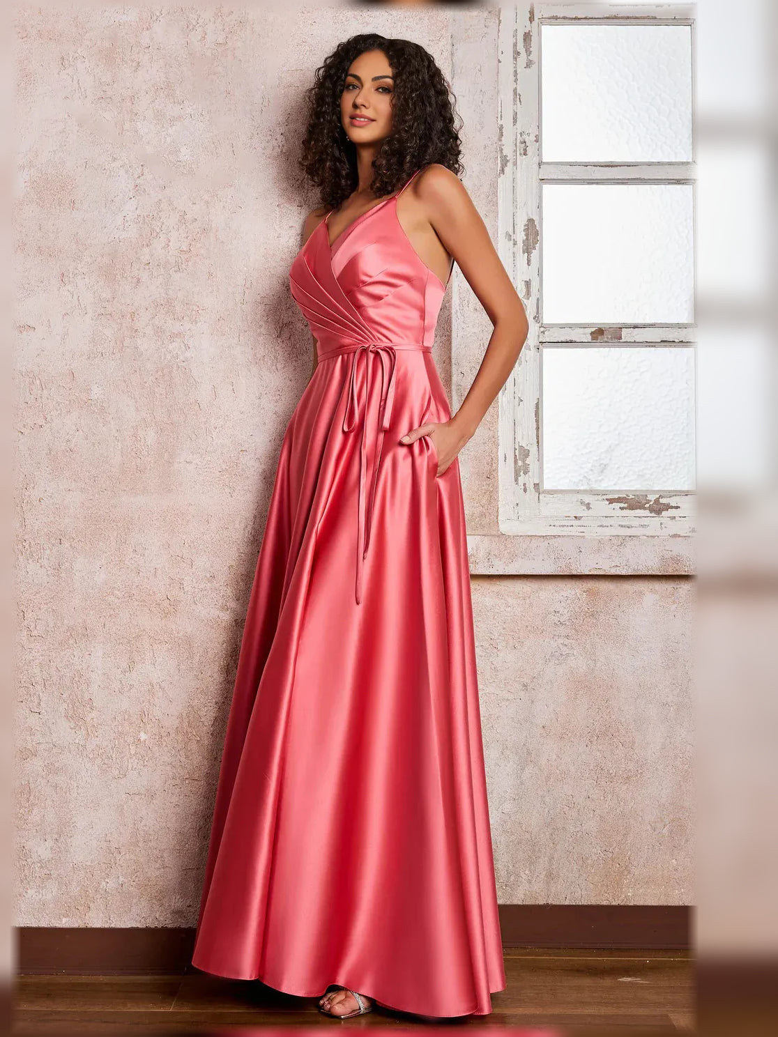 Watermelon a-line floor-length formal dress with ruching, alternate view showing the bodice
