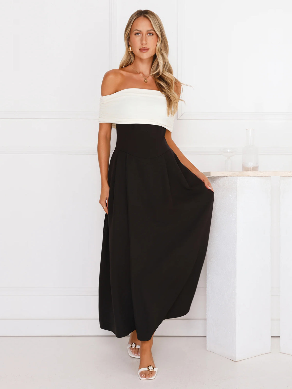 Black a-line maxi formal dress with off-the-shoulder neckline, alternate view