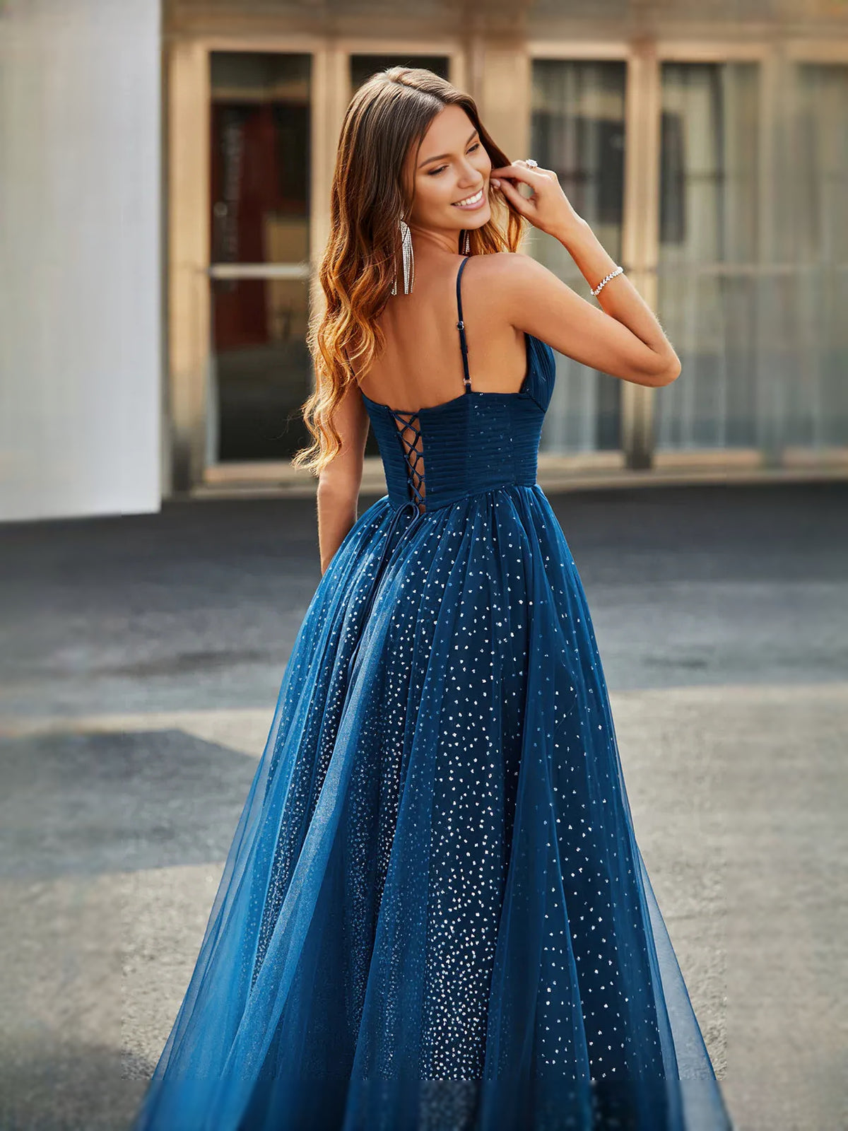 Navy Blue floor-length prom dress, back view showing the rear of the dress from another angle