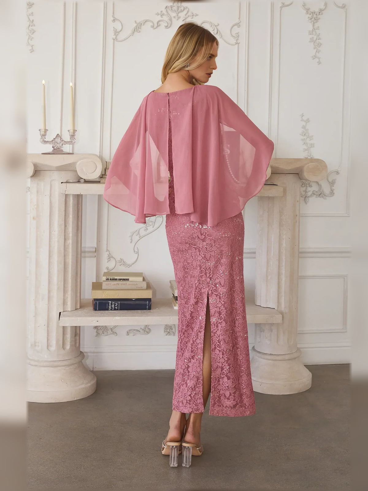 Dusty Pink sheath midi formal dress with skirt slit, alternate view