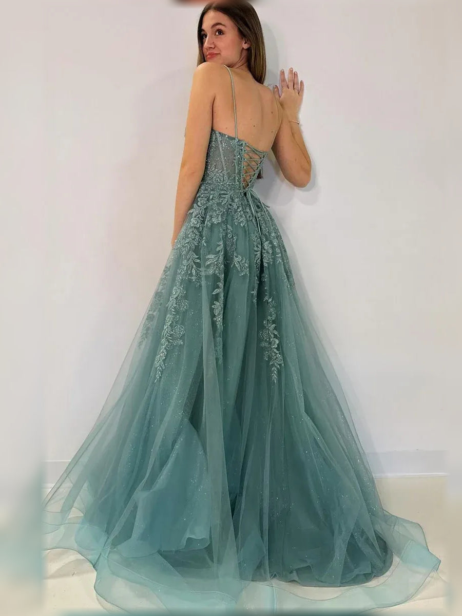 Dusty Green a-line floor-length formal dress with beading, alternate view