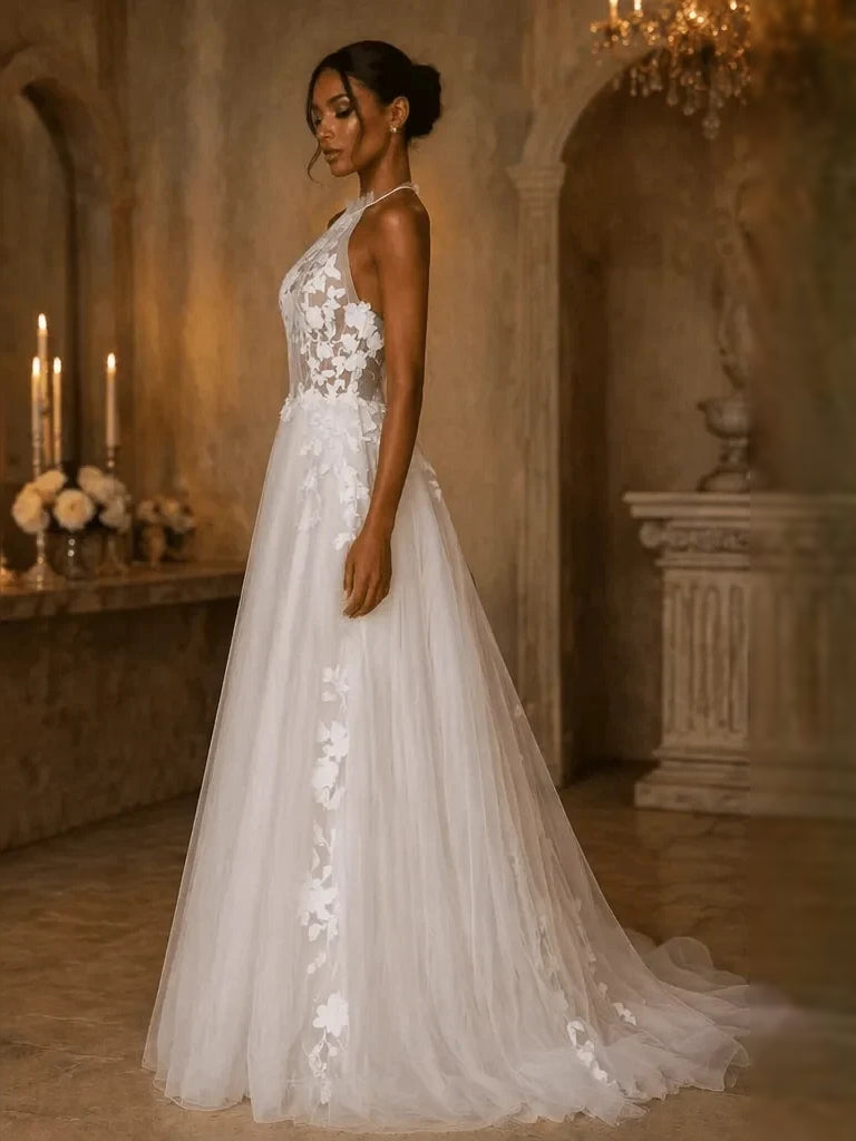 Ivory floor-length wedding dress, alternate view showing the dress shape and hem