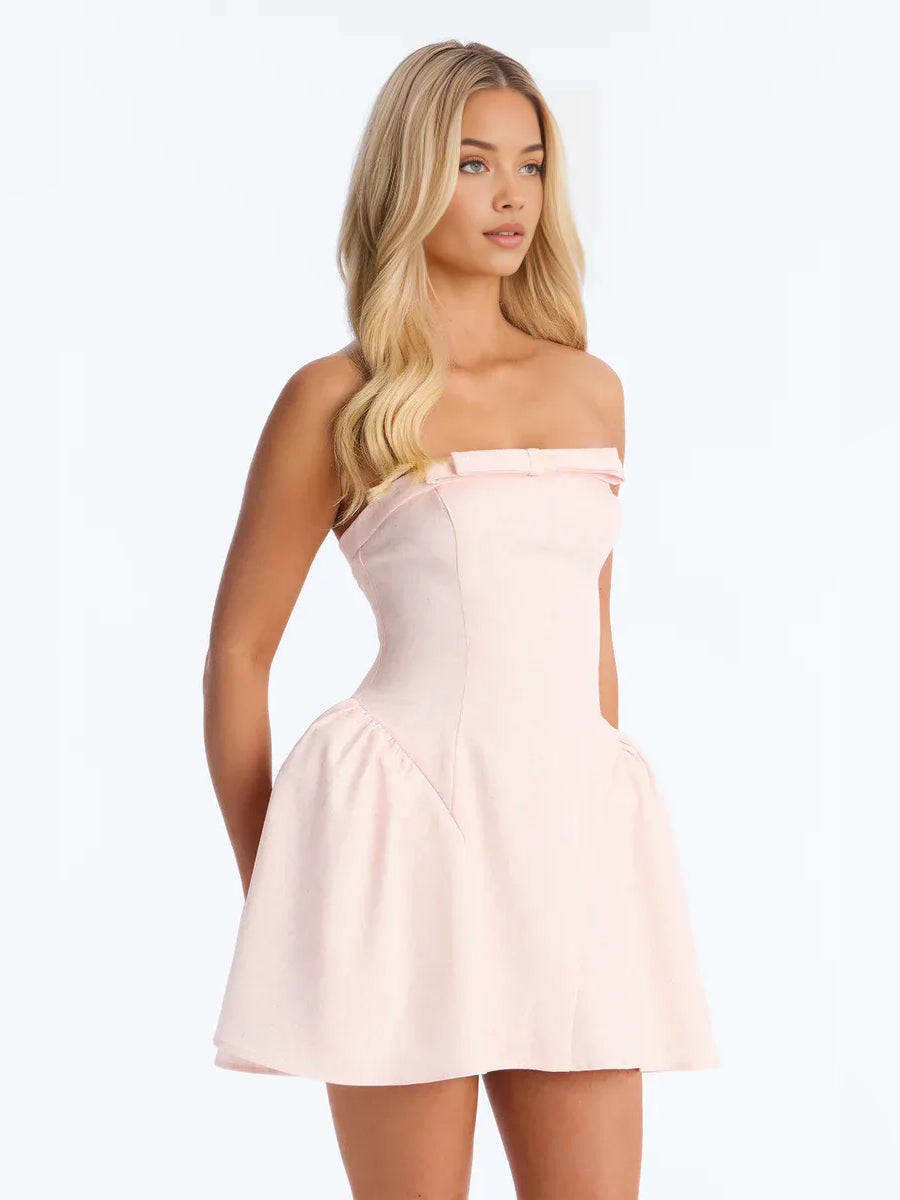 Blush Pink mini homecoming dress, alternate view showing the dress shape and hem