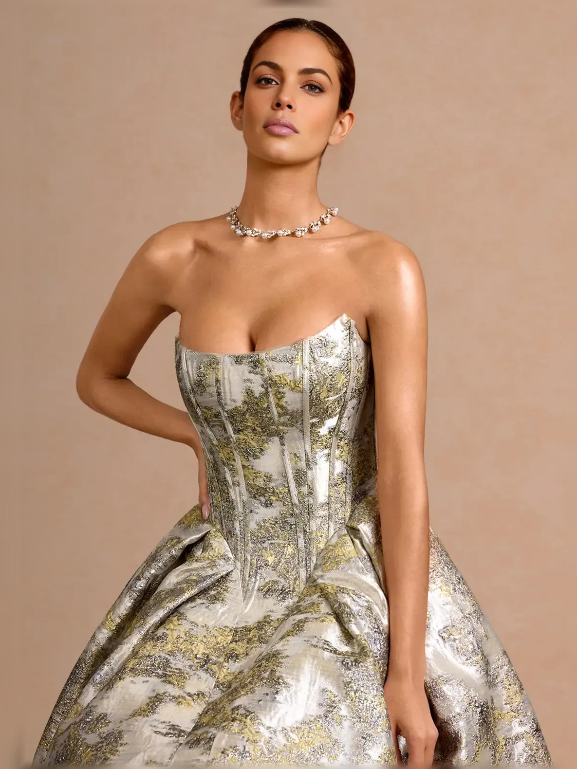 As Picture fit-and-flare tea-length formal dress with corset-style bodice, alternate view showing the bodice