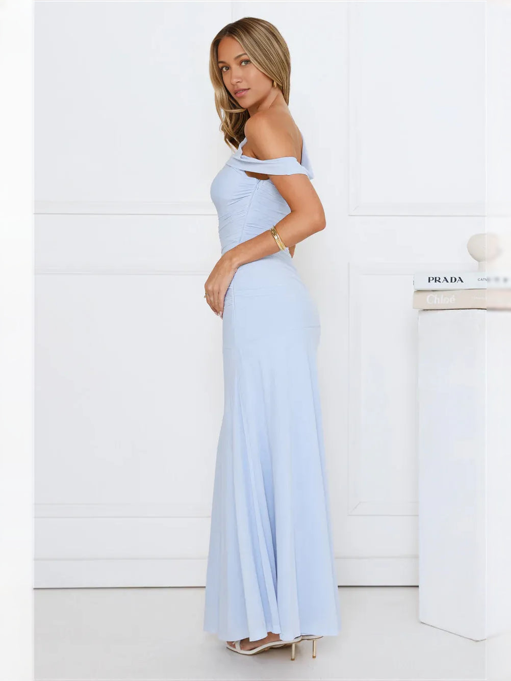 Sky Blue maxi bridesmaid dress, alternate view showing the dress shape and hem