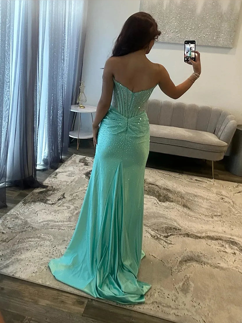 Turquoise maxi prom dress, alternate view showing the dress shape and hem
