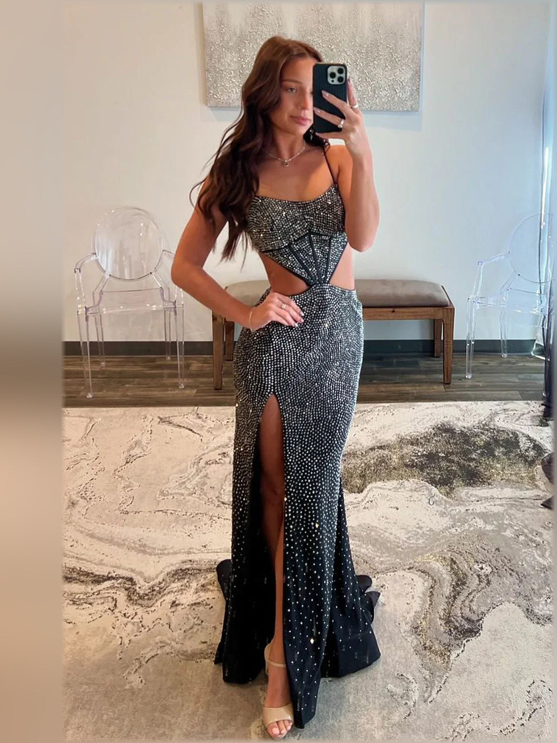 Black mermaid floor-length formal dress with beading, alternate view
