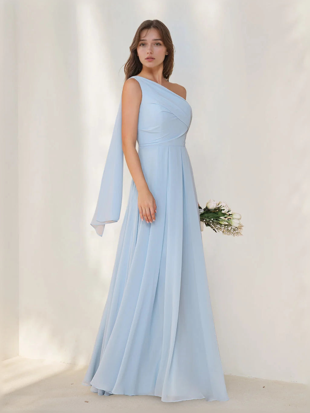 Light Blue floor-length bridesmaid dress, alternate view showing the dress shape and hem