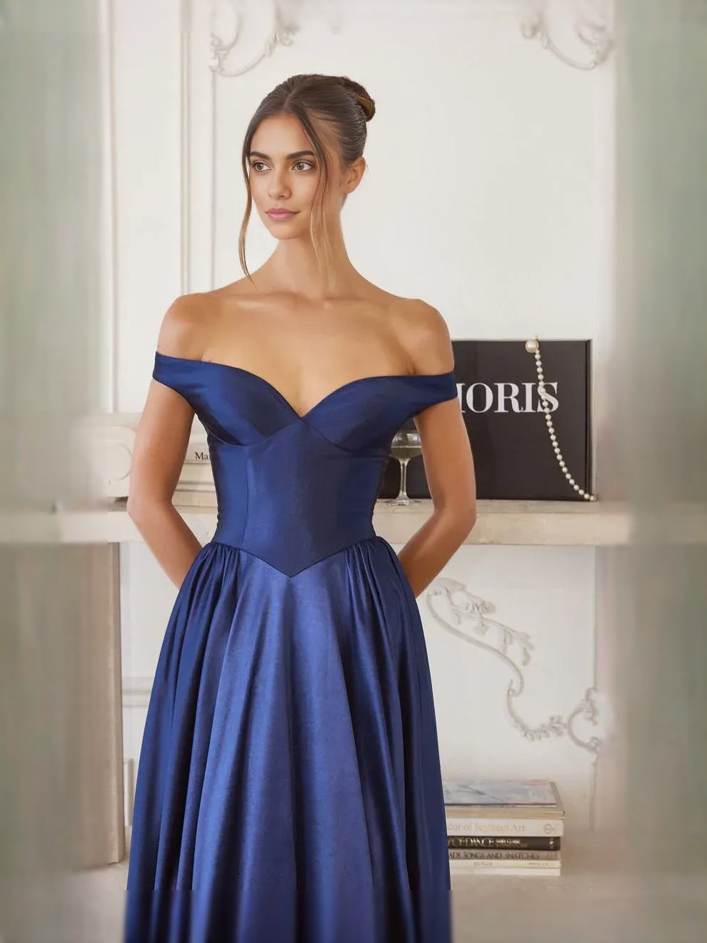 Dark Blue maxi prom dress, alternate view showing the dress shape and hem