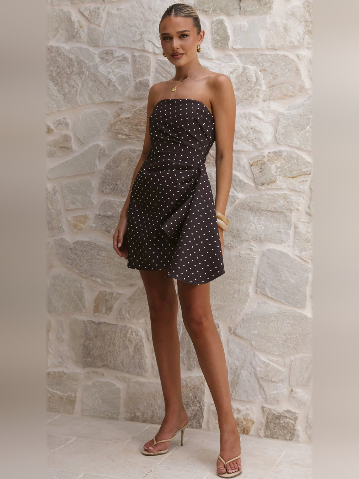 Brown mini homecoming dress, alternate view showing the dress shape and hem