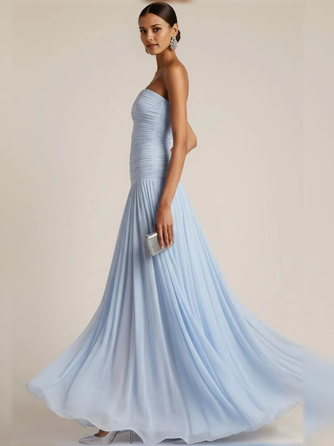 Light Blue a-line floor-length formal dress with pleated skirt, alternate view