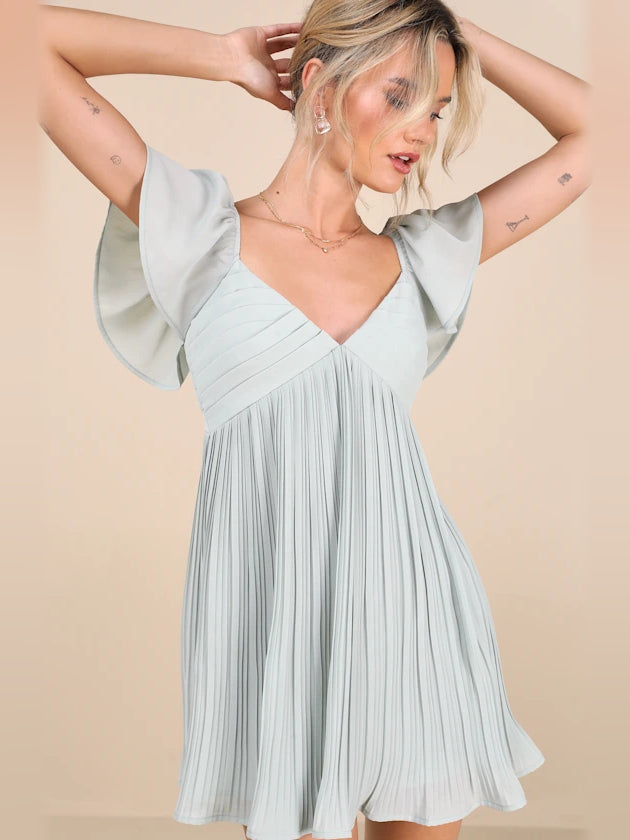 Mint blue mini homecoming dress, alternate view showing the dress shape and hem