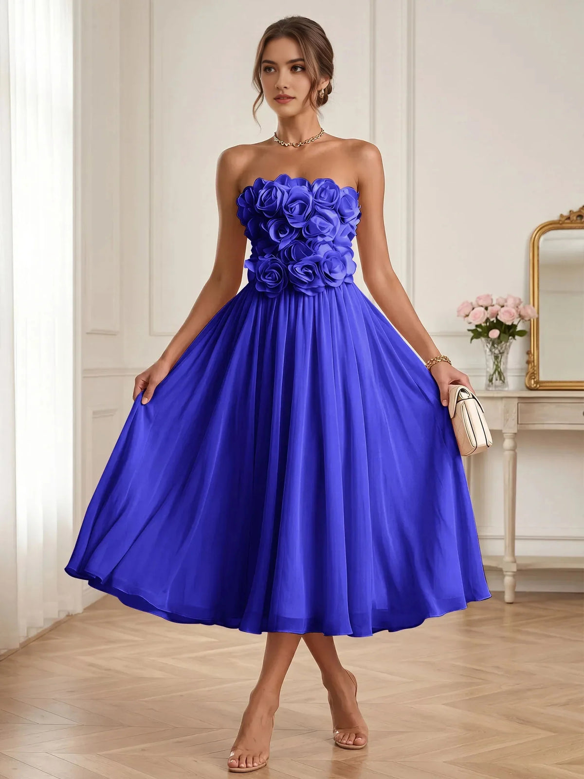 Dark Blue midi bridesmaid dress, alternate view showing the dress shape and hem