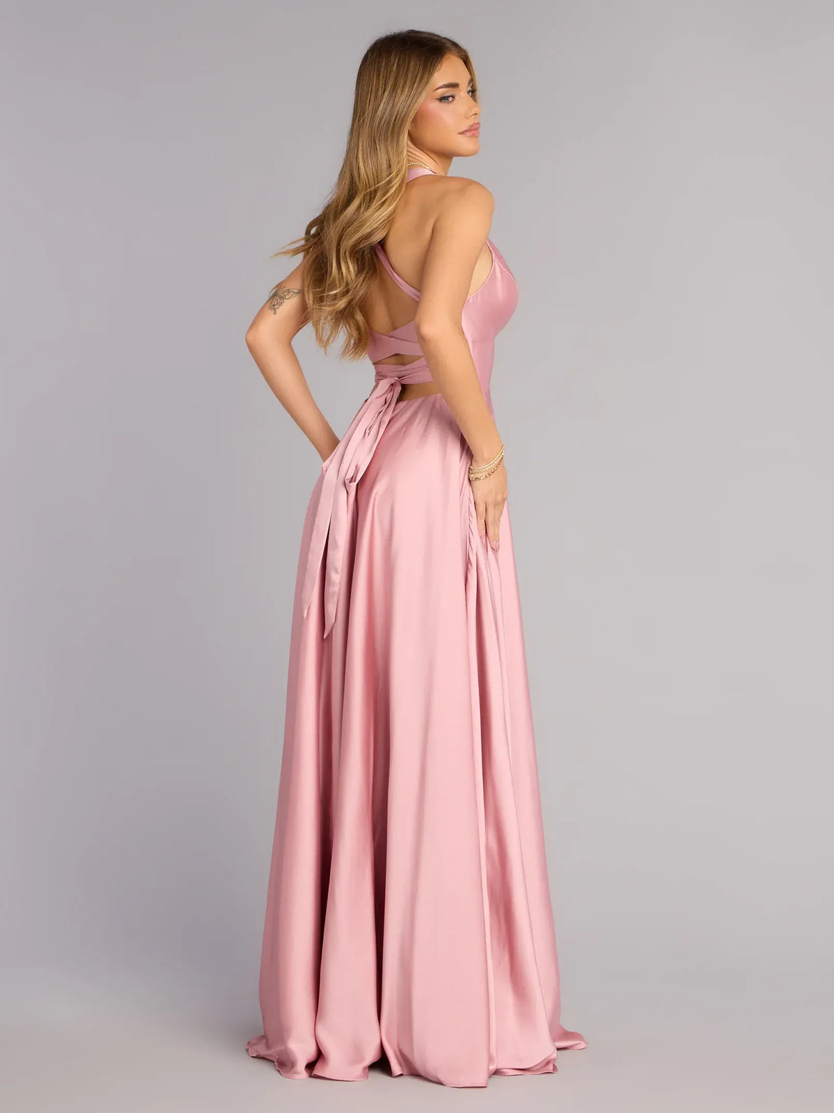 Dusty Pink maxi prom dress, alternate view showing the dress shape and hem