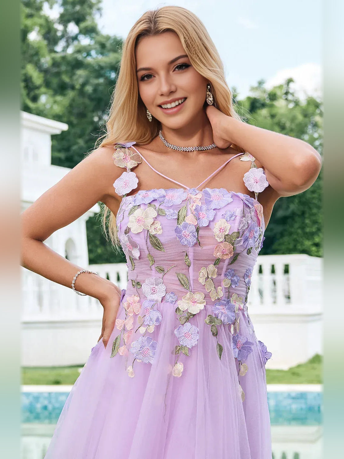 Lilac mini homecoming dress, alternate view showing the dress shape and hem