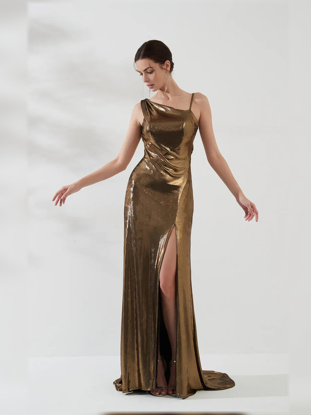Gold mermaid floor-length formal dress with skirt slit, alternate view