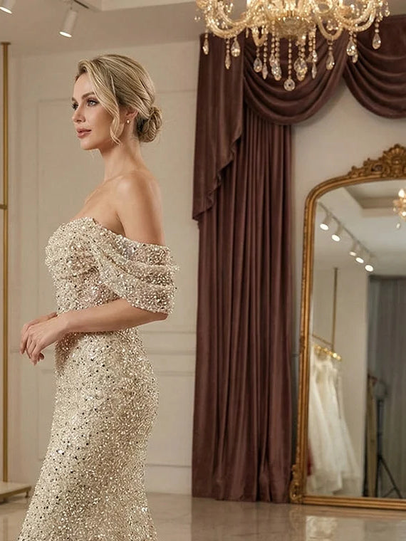 Champagne floor-length prom dress, alternate view showing the dress shape and hem