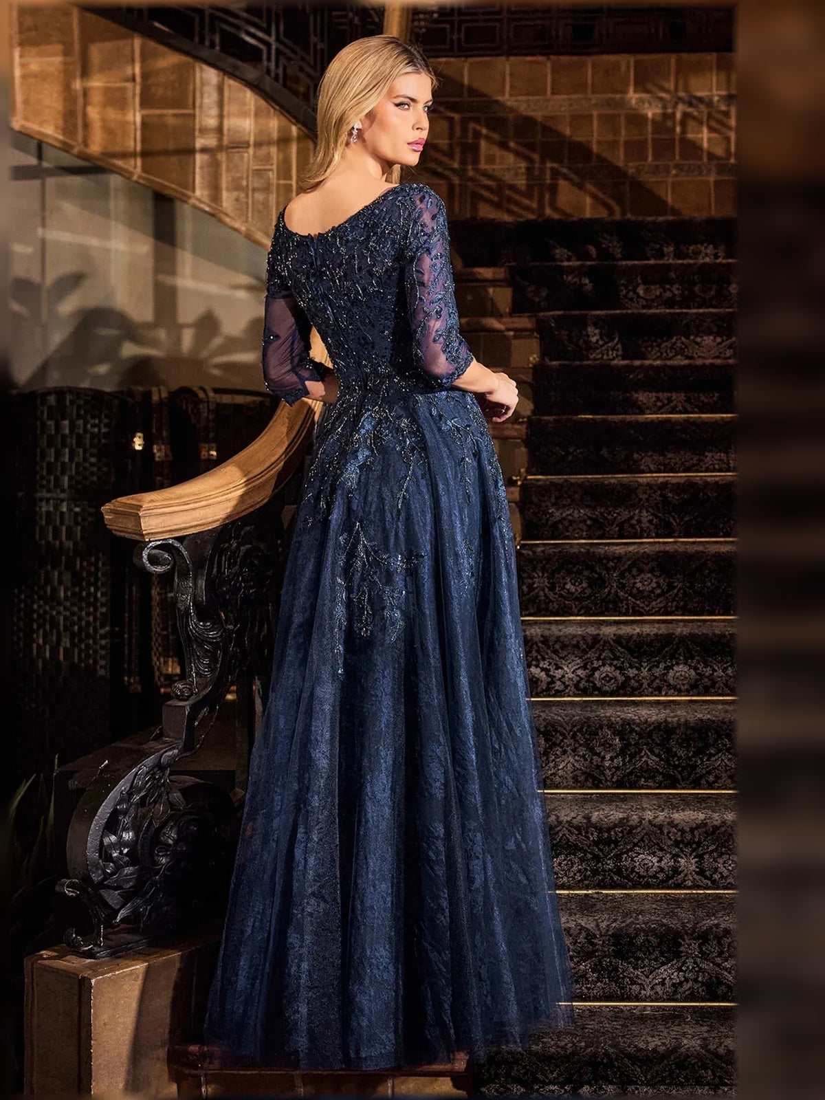 Silver a-line floor-length formal dress with beading, alternate view showing the bodice