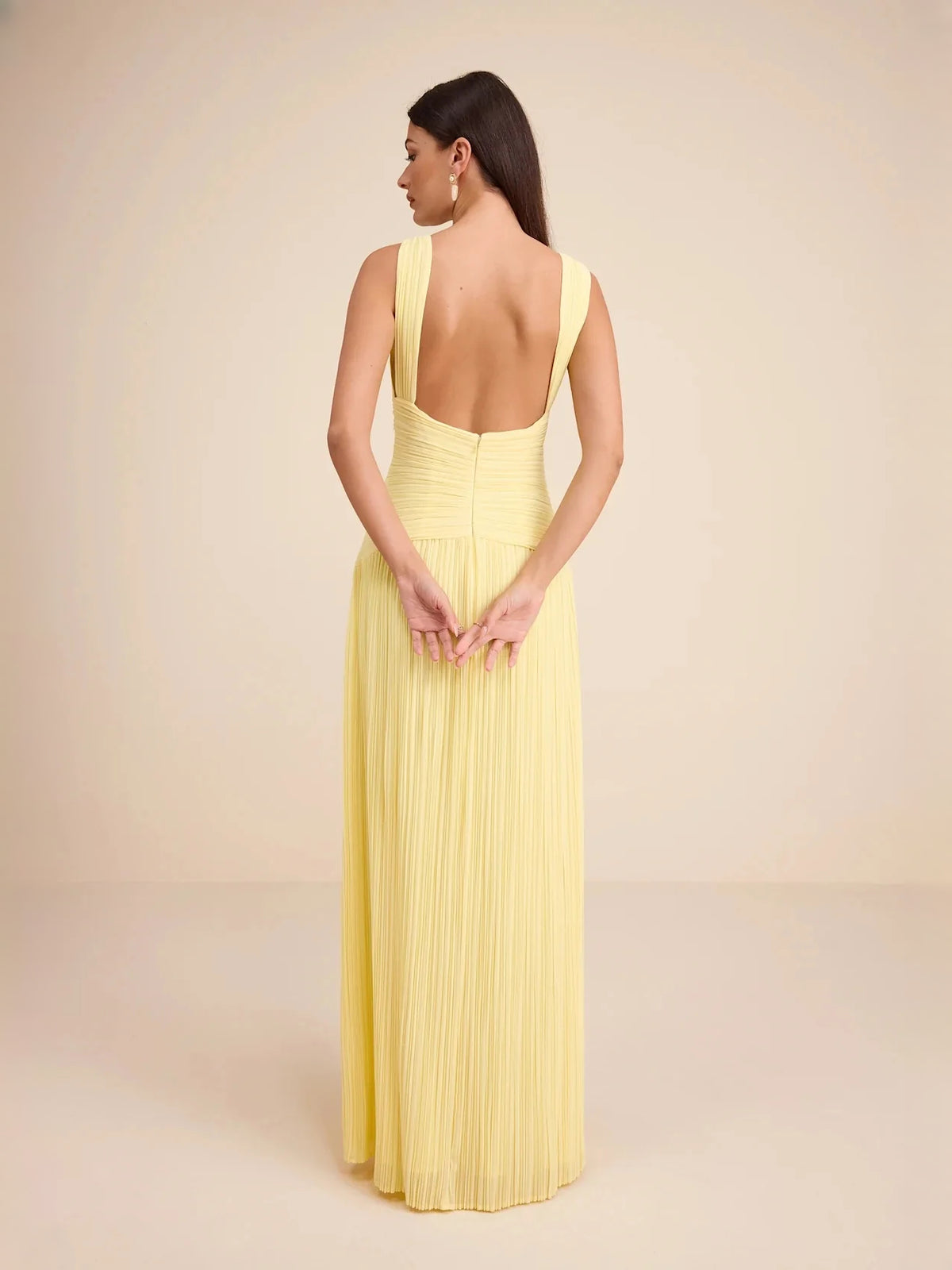 Pale Lemon maxi bridesmaid dress, alternate view showing the dress shape and hem