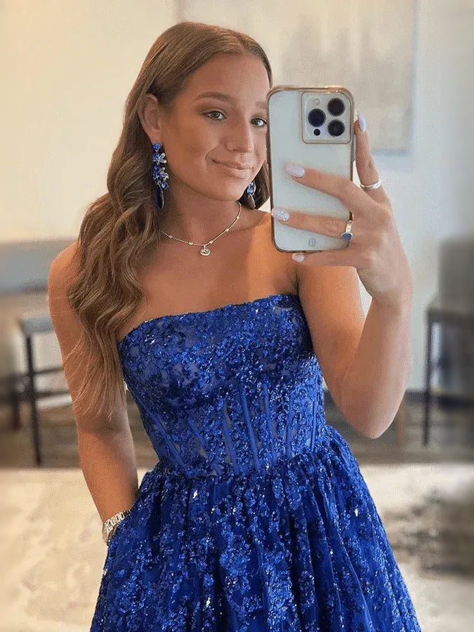 Royal Blue floor-length prom dress, alternate view showing the dress shape and hem