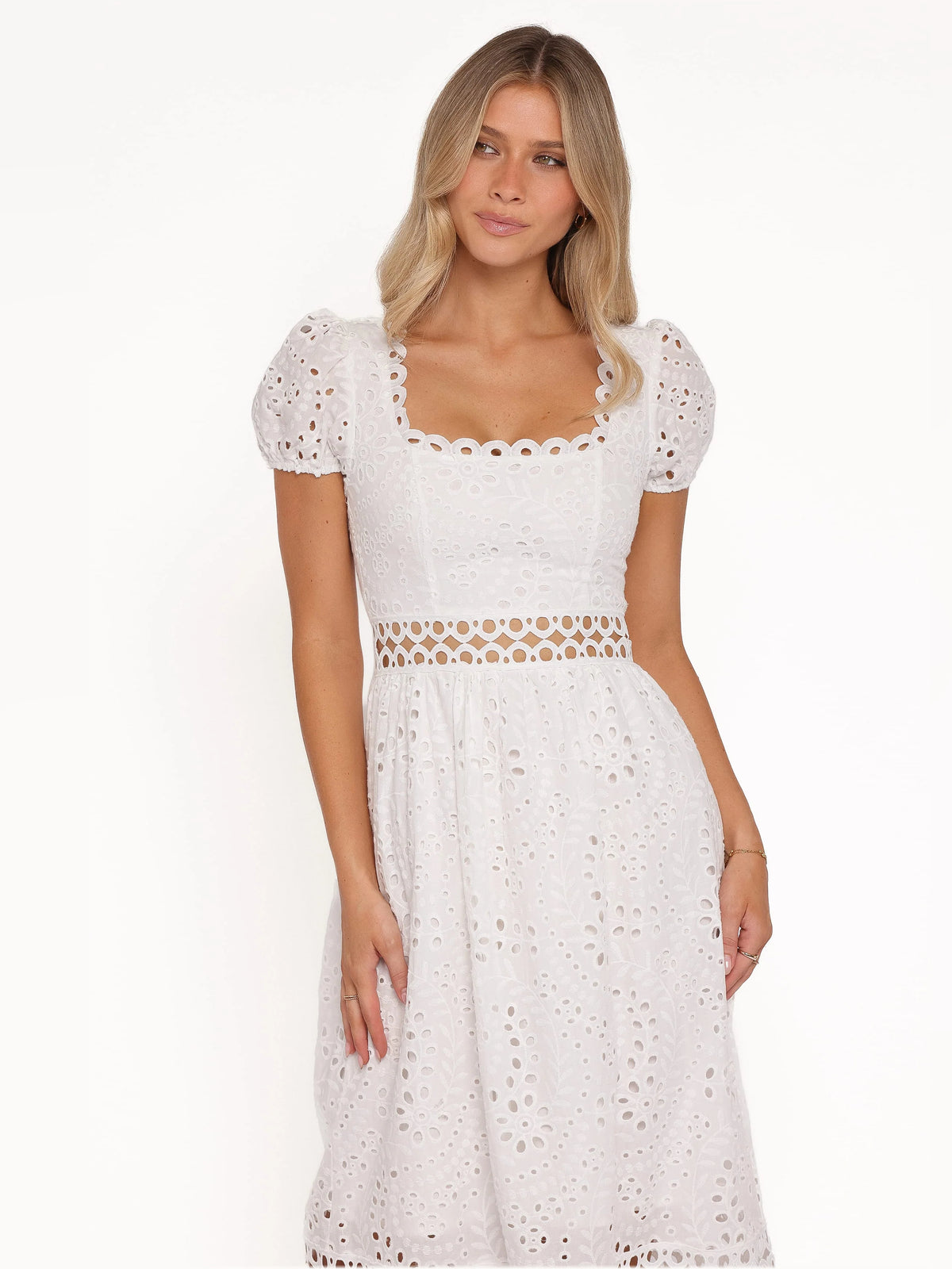 White midi formal dress, alternate view showing the bodice