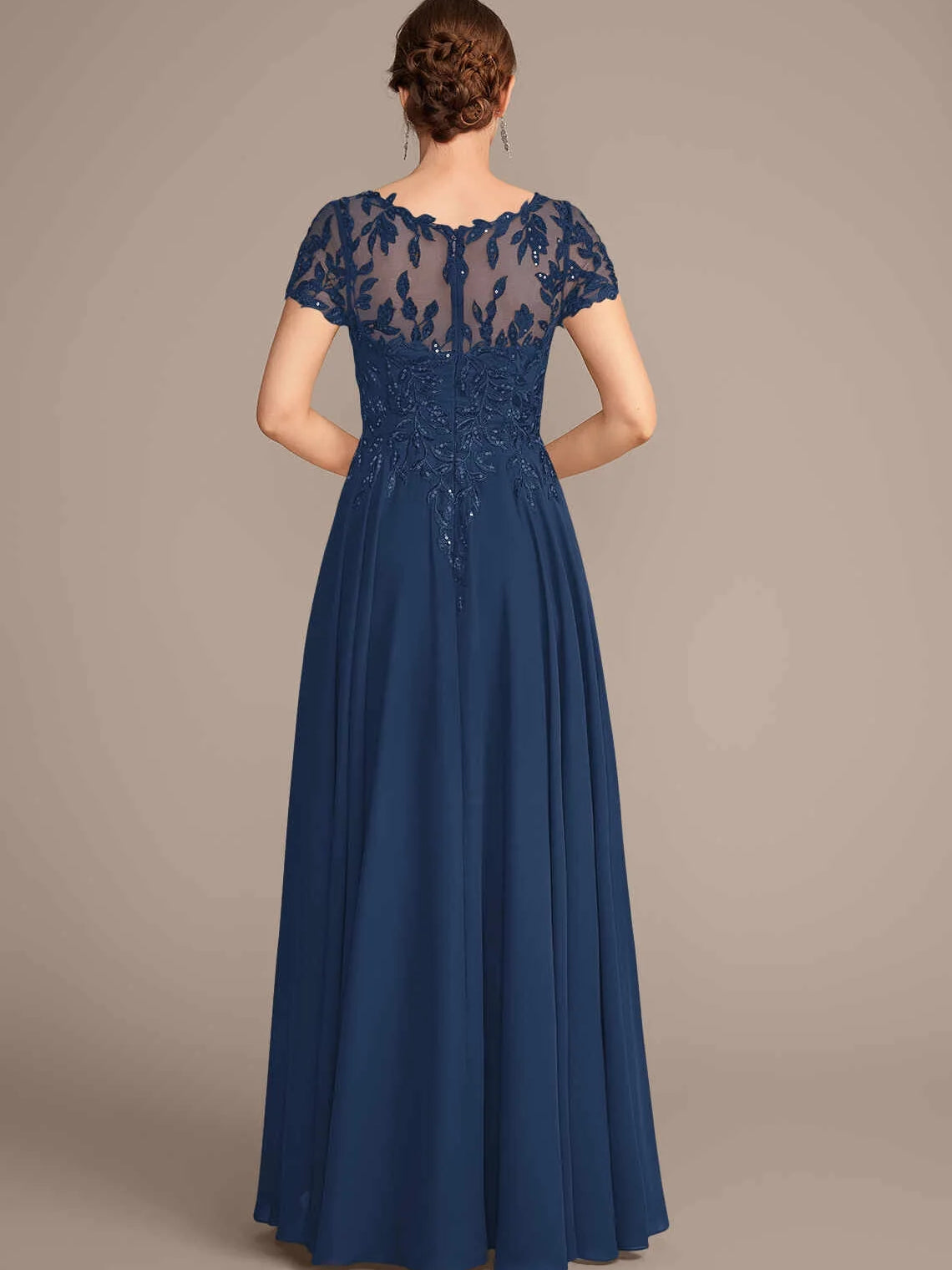 Dark Navy short mother of the bride dress, alternate view showing the dress shape and hem