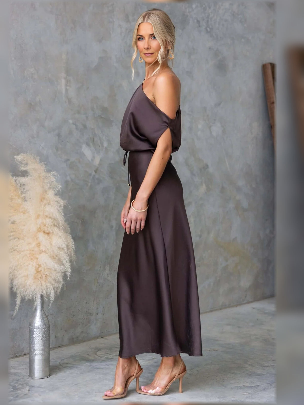 Chocolate ankle-length bridesmaid dress, alternate view showing the dress shape and hem