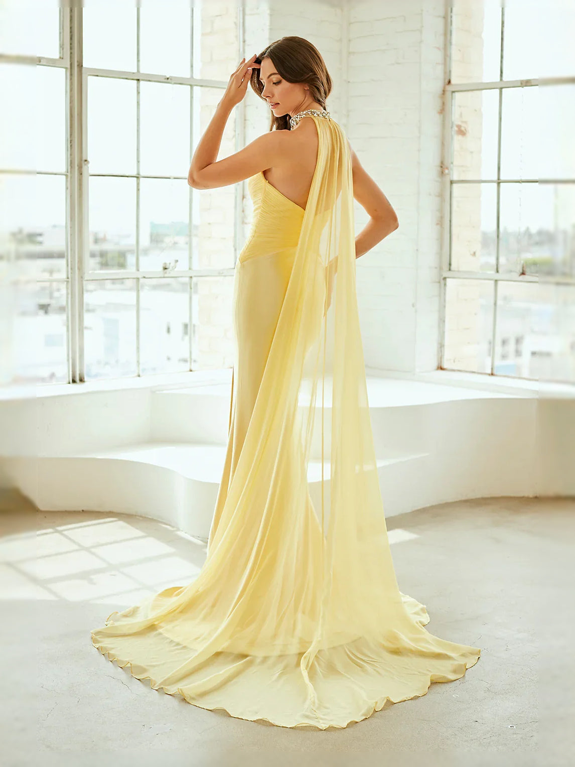 Yellow maxi prom dress, alternate view showing the dress shape and hem