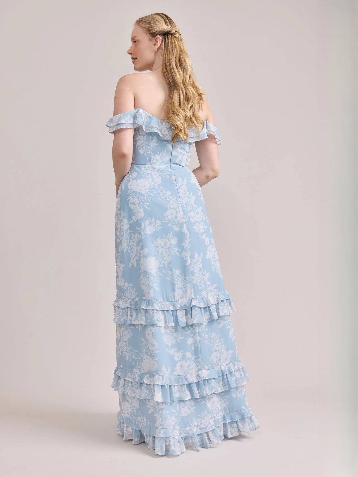 Blue White Flowers maxi prom dress, alternate view showing the dress shape and hem