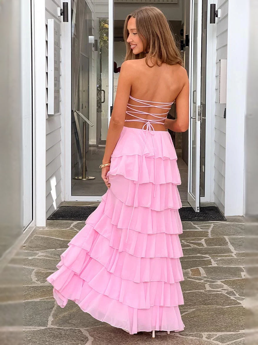 Pink maxi prom dress, alternate view showing the dress shape and hem