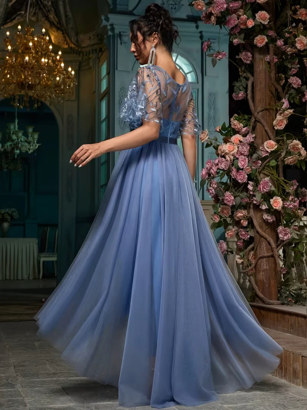 Slate Blue maxi prom dress, alternate view showing the dress shape and hem