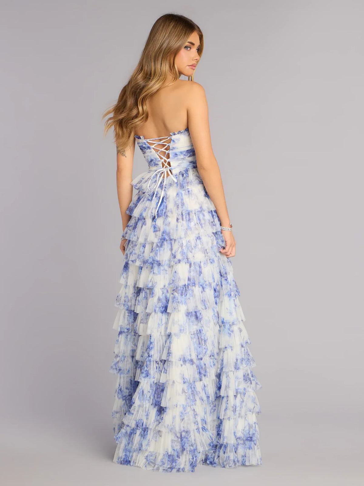 Lavender maxi prom dress, alternate view showing the dress shape and hem