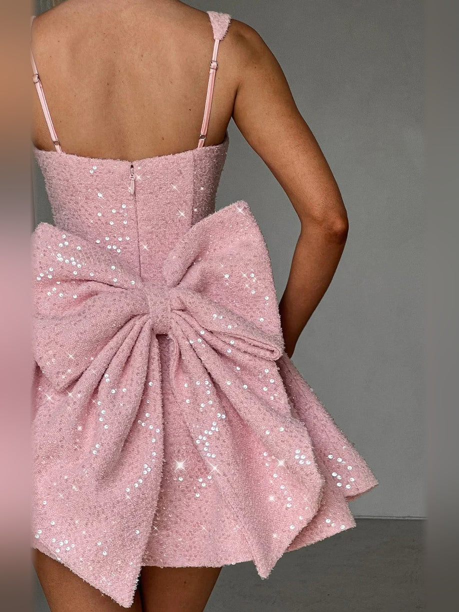 Blush Pink mini homecoming dress, alternate view showing the dress shape and hem