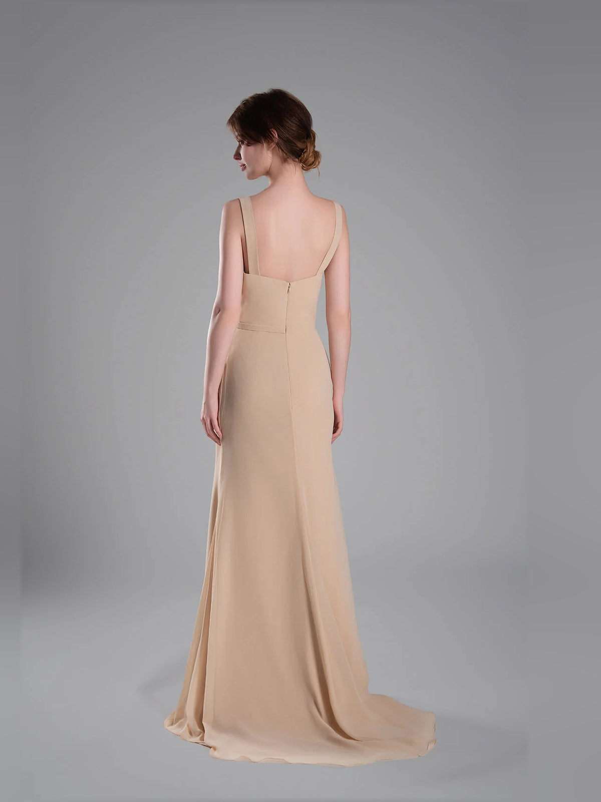 Beige maxi bridesmaid dress, alternate view showing the dress shape and hem