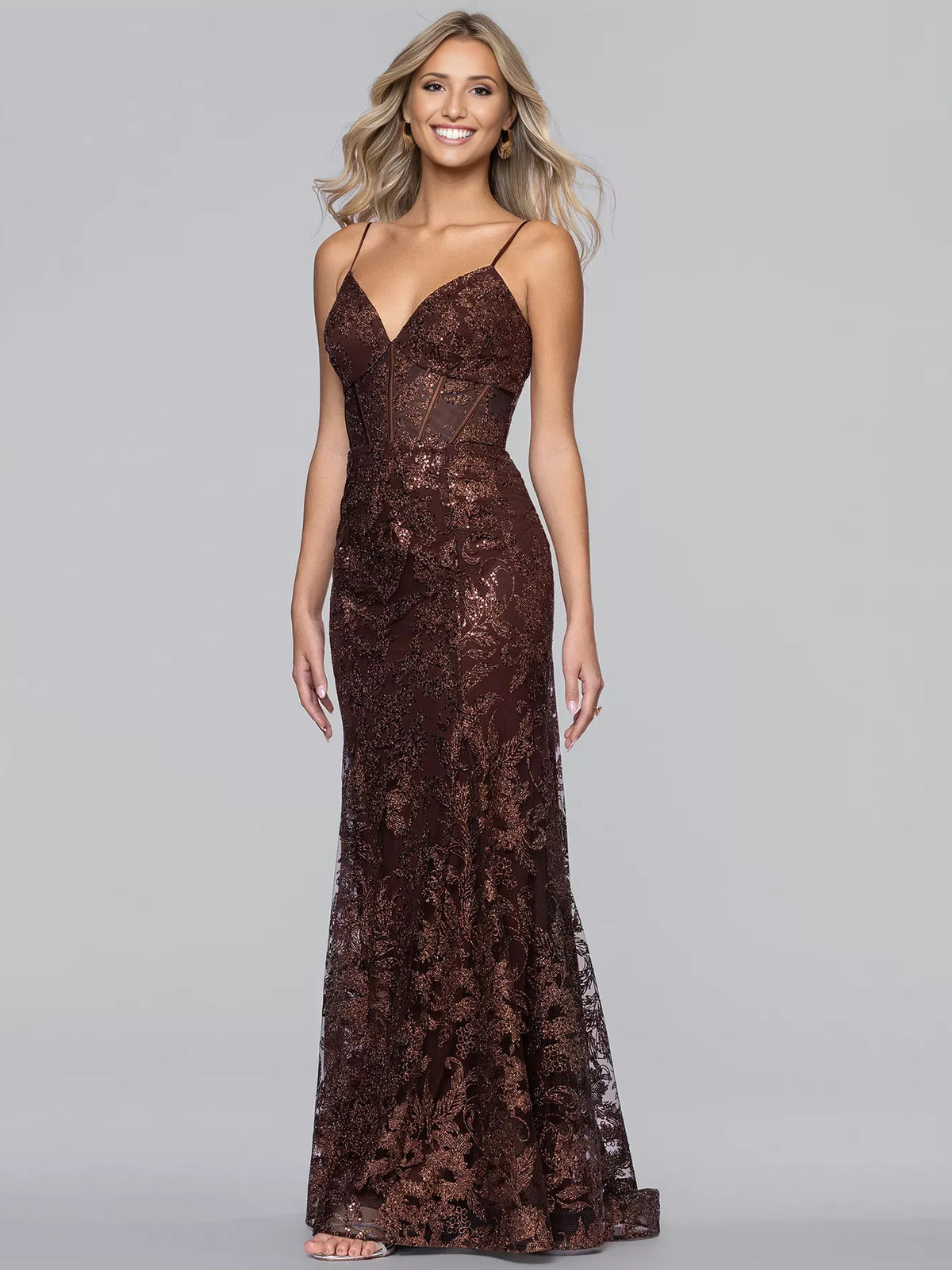 Chocolate mermaid floor-length formal dress with corset-style bodice, alternate view