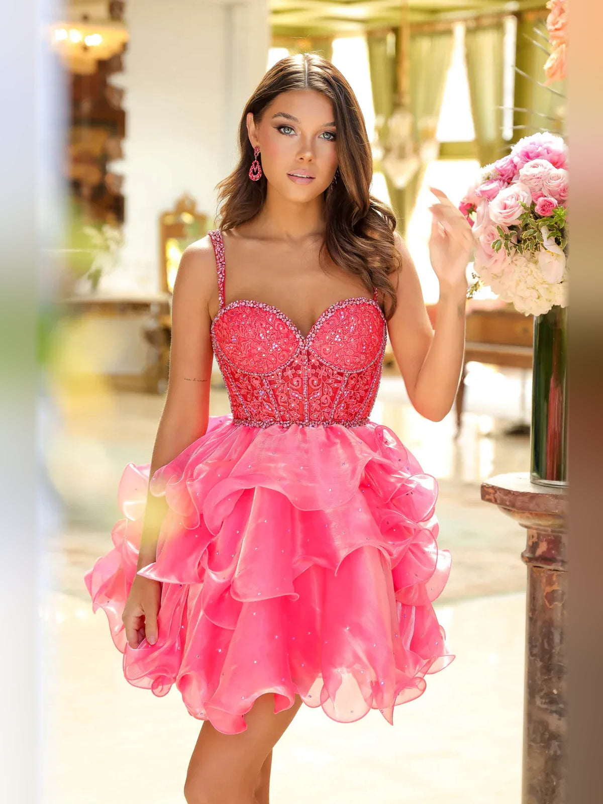 Watermelon mini homecoming dress, alternate view showing the dress shape and hem