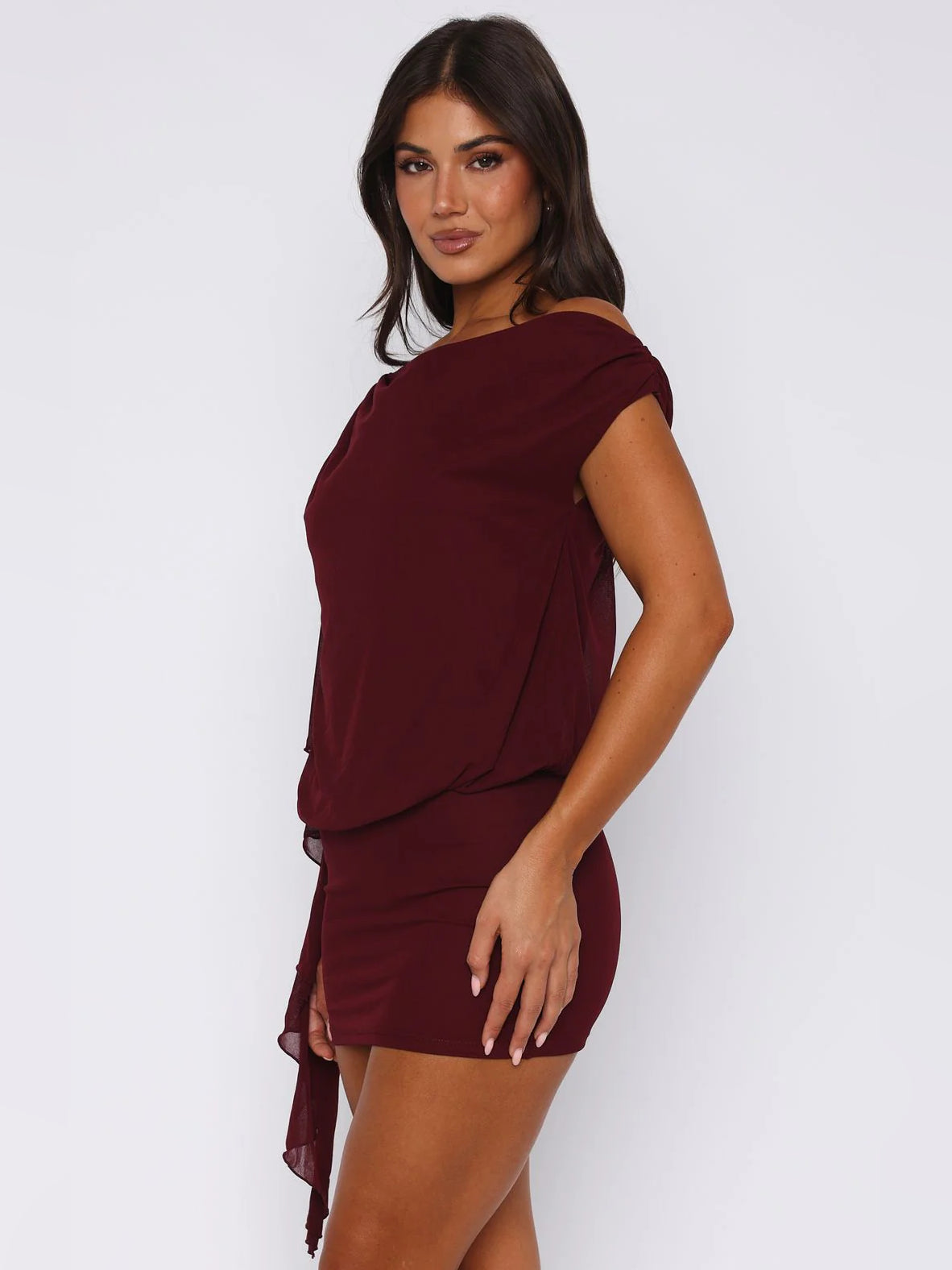 Wine mini homecoming dress, alternate view showing the dress shape and hem