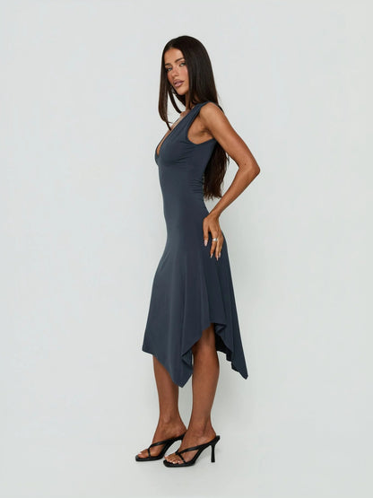 Black midi formal dress with V-neckline, alternate view showing the bodice