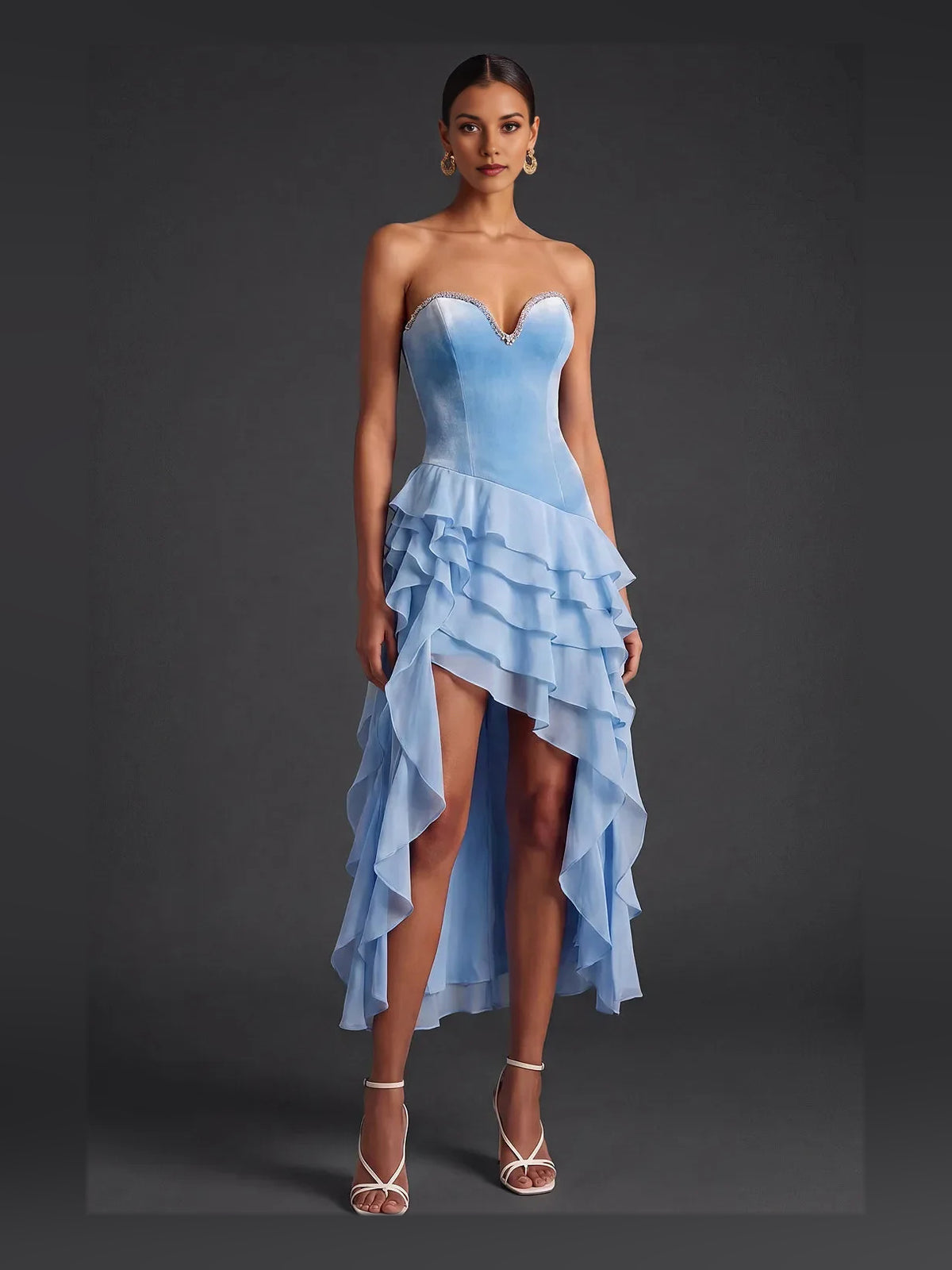 Light Blue high-low prom dress, alternate view showing the dress shape and hem