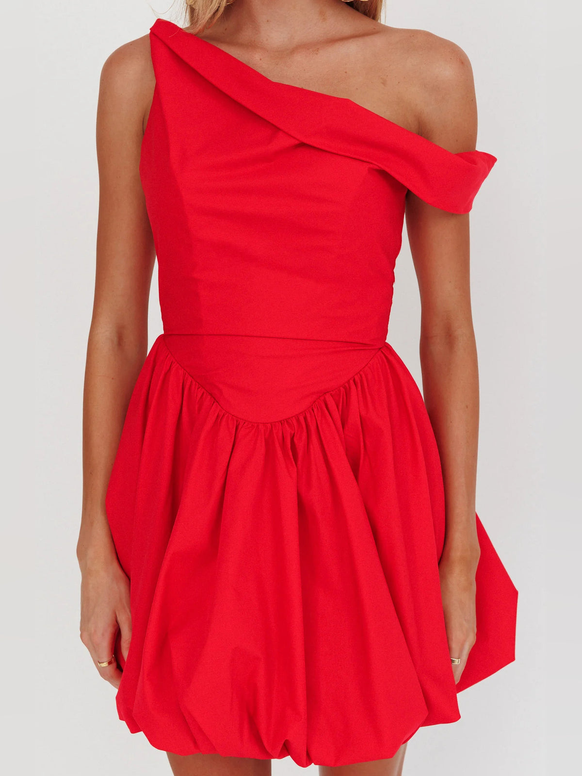 Red mini homecoming dress, alternate view showing the dress shape and hem