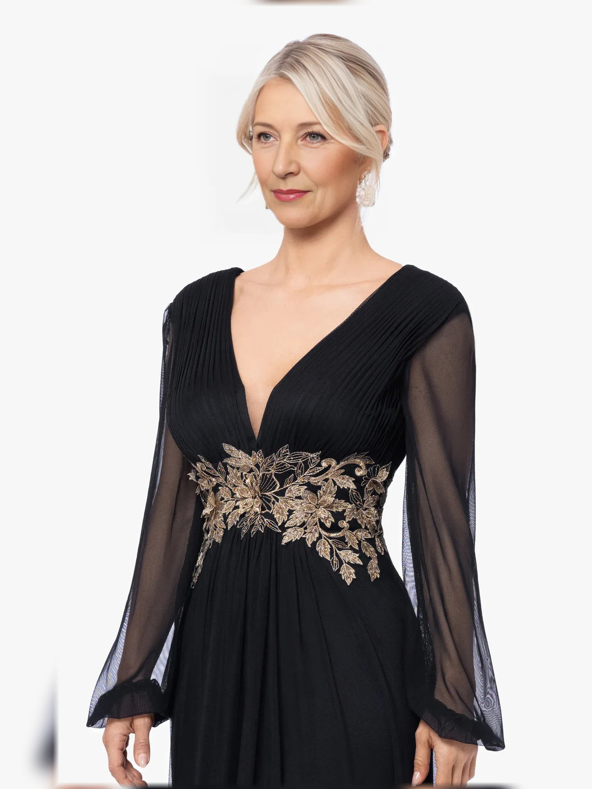Black maxi mother of the bride dress, alternate view showing the dress shape and hem