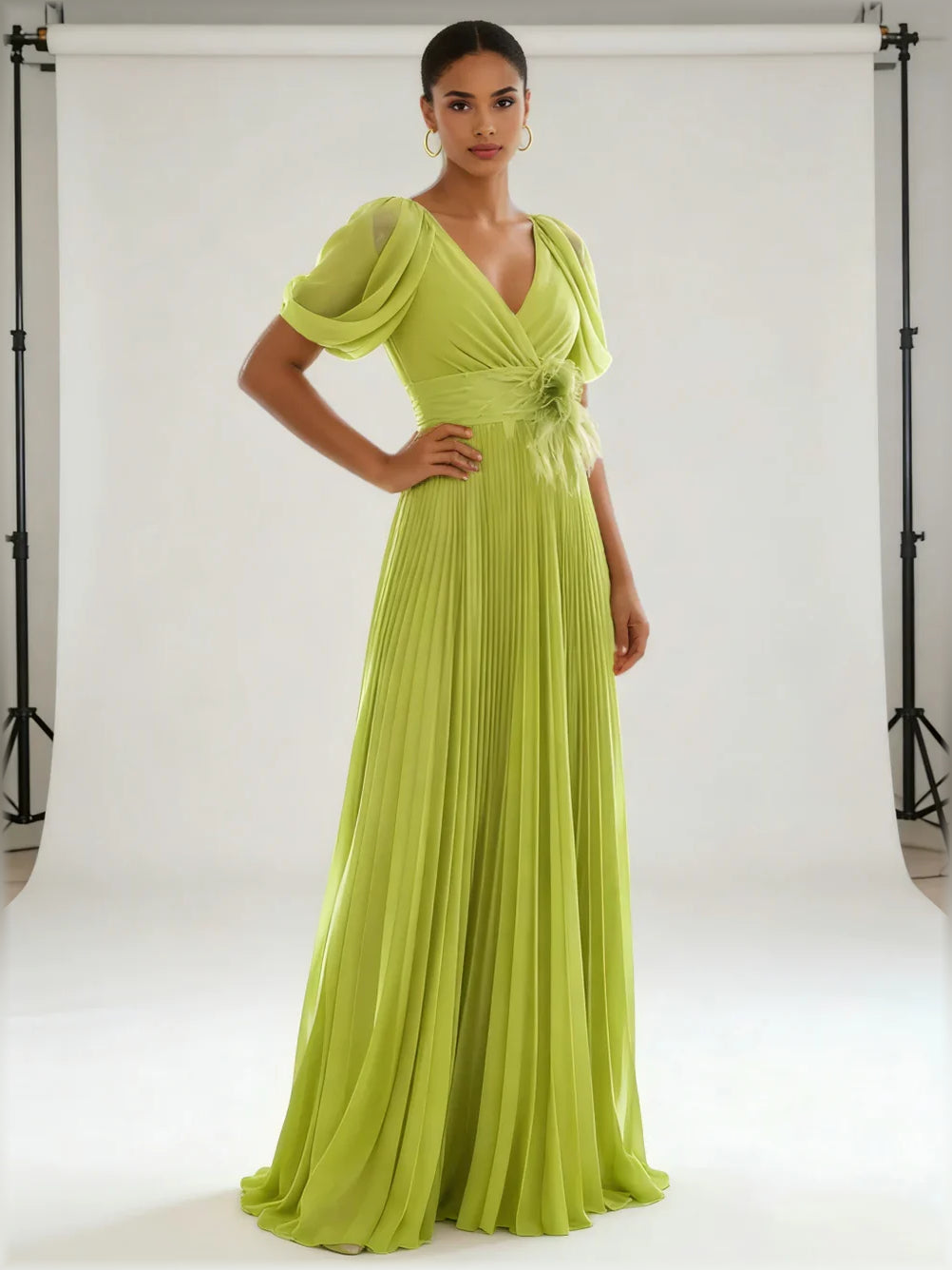 Olive Green a-line floor-length formal dress with pleated skirt, alternate view