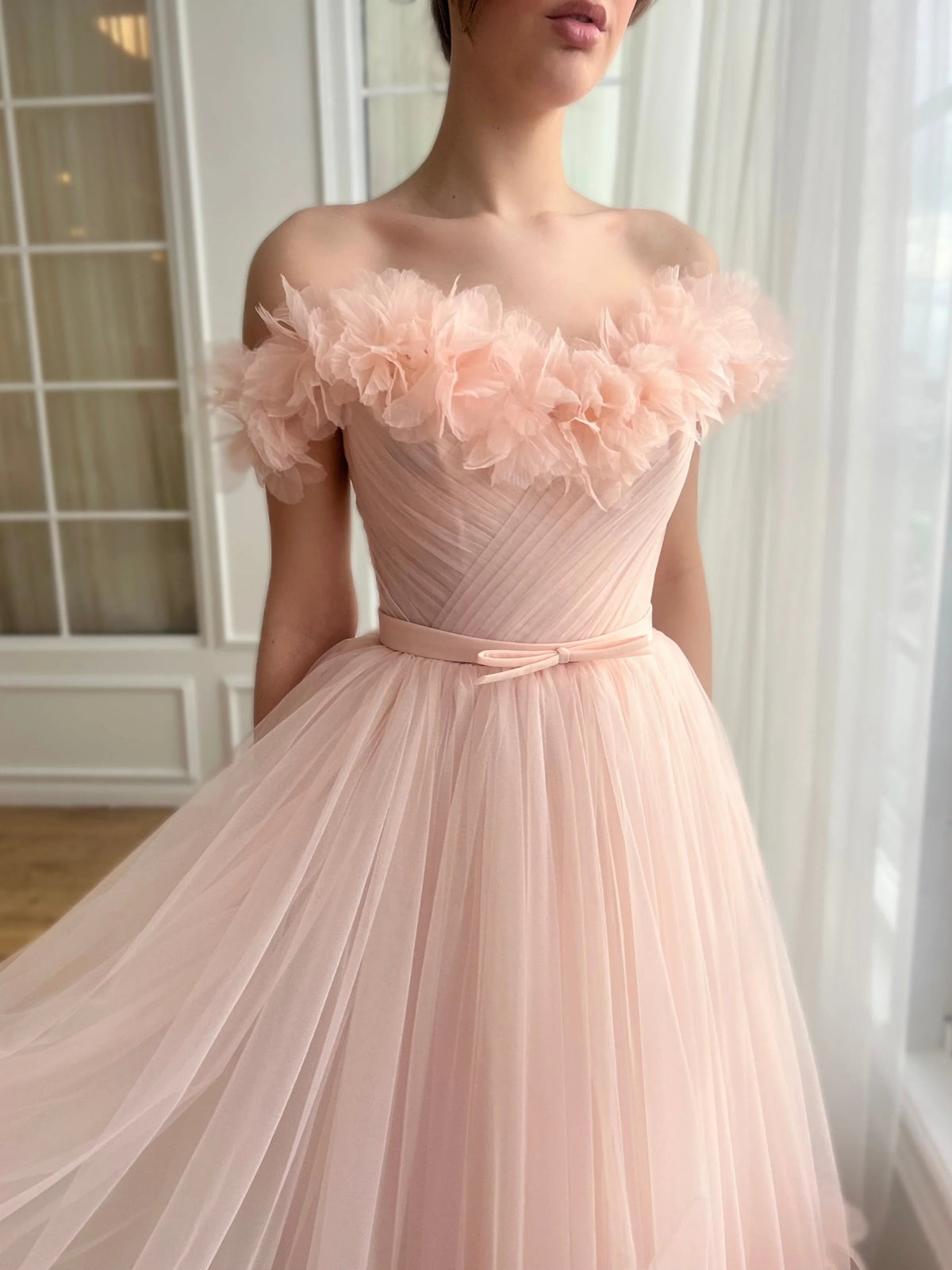 Peach midi prom dress, alternate view showing the dress shape and hem