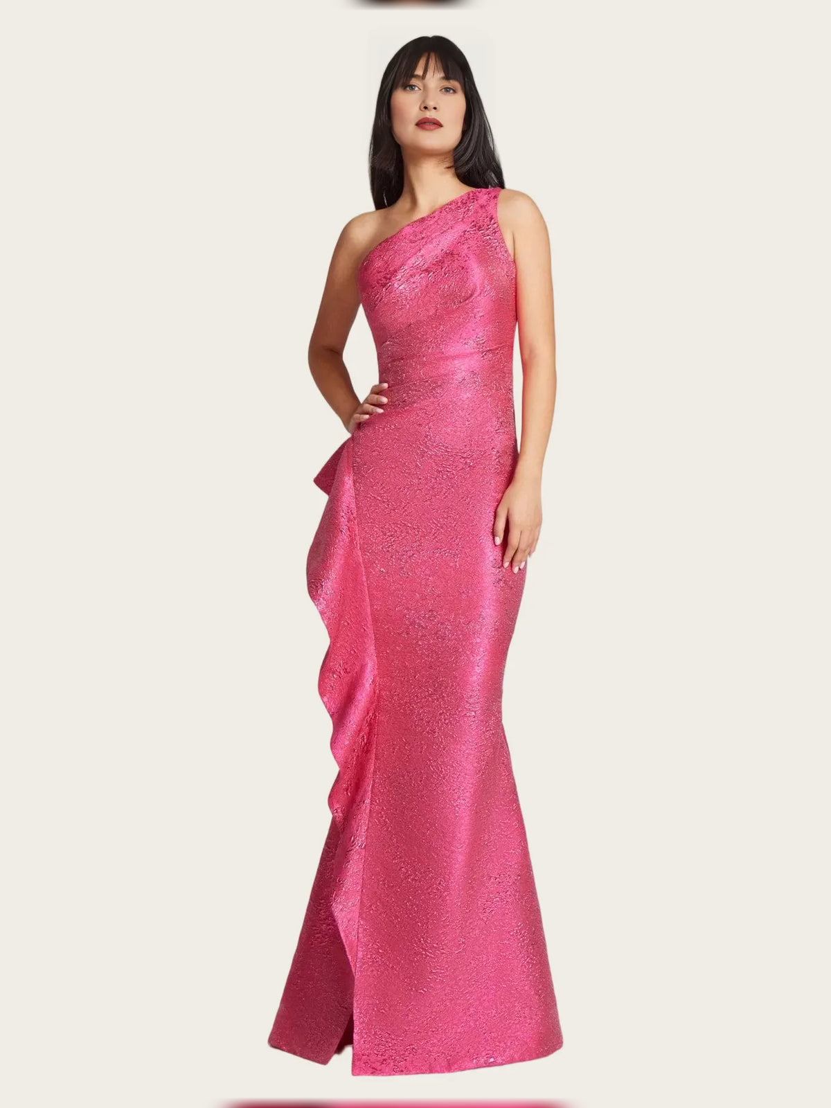 Magenta maxi mother of the bride dress, alternate view showing the dress shape and hem