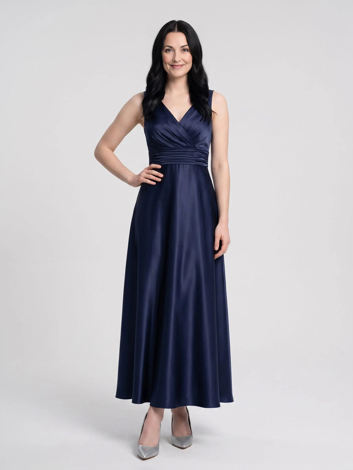 Dark Blue floor-length mother of the bride dress, alternate view showing the dress shape and hem