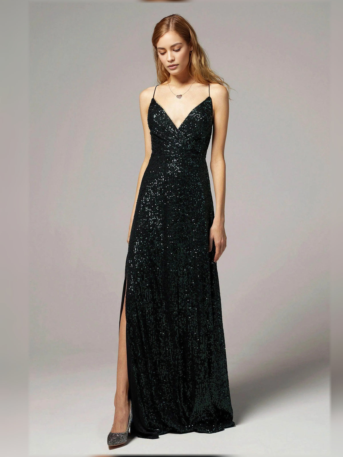 Dark Green sheath floor-length formal dress with skirt slit, alternate view