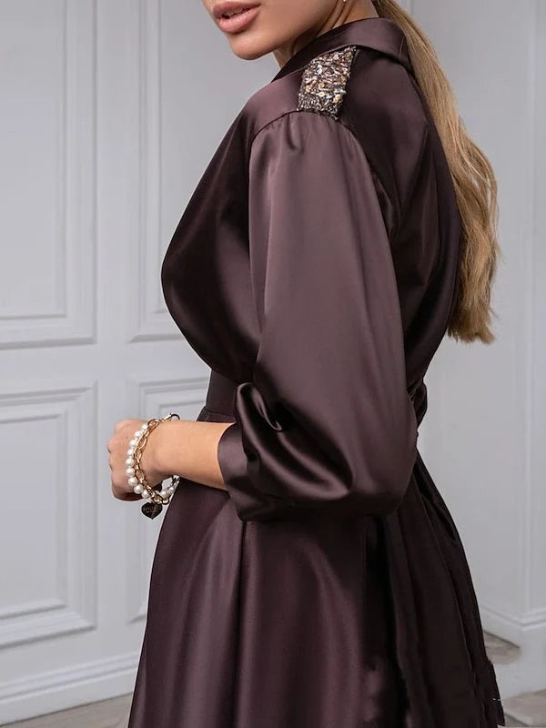 Deep Purple midi mother of the bride dress, alternate view showing the dress shape and hem